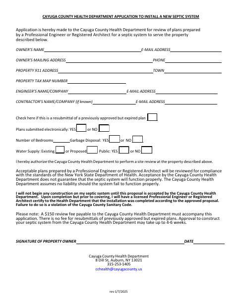 First page of the Application to Install a New Septic System