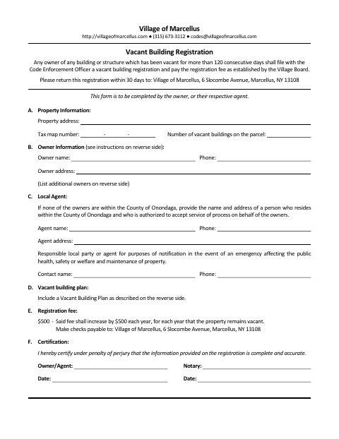 First page of the Vacant Building Registration