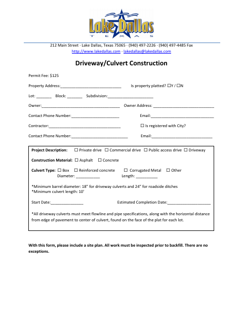 First page of the Driveway/Culvert Construction Permit