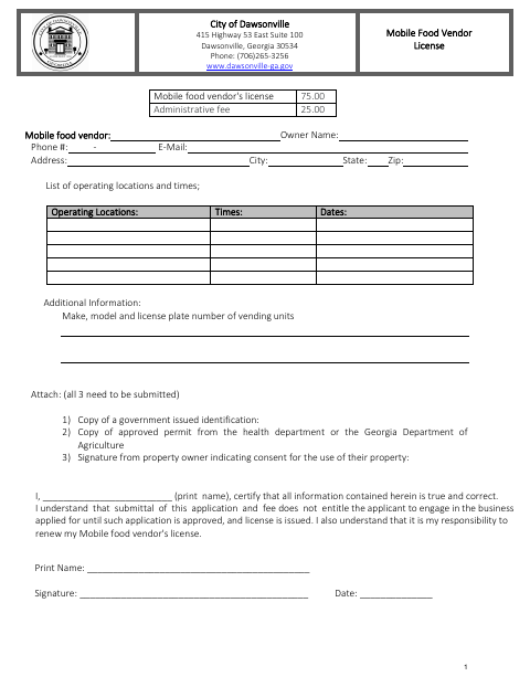 First page of the Mobile Food Vendor License