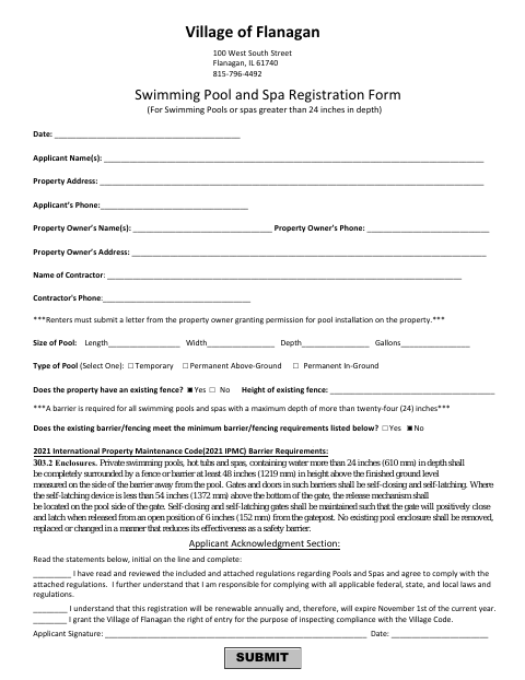 First page of the Swimming Pool and Spa Registration Form