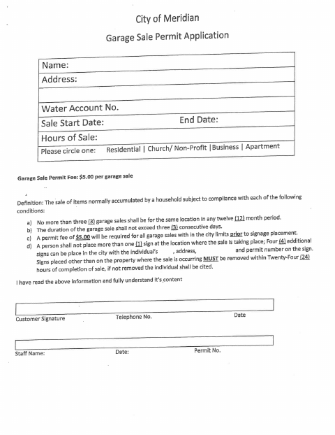 First page of the Garage Sale Permit Application