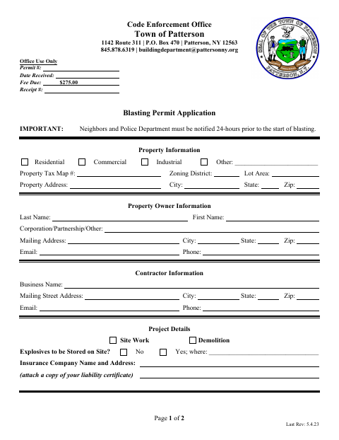 First page of the Blasting Permit Application