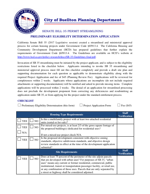 First page of the Senate Bill 35 Permit Streamlining Preliminary Eligibility Determination Application