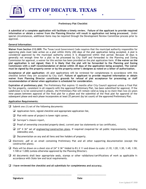 First page of the Preliminary Plat Checklist and Universal Application