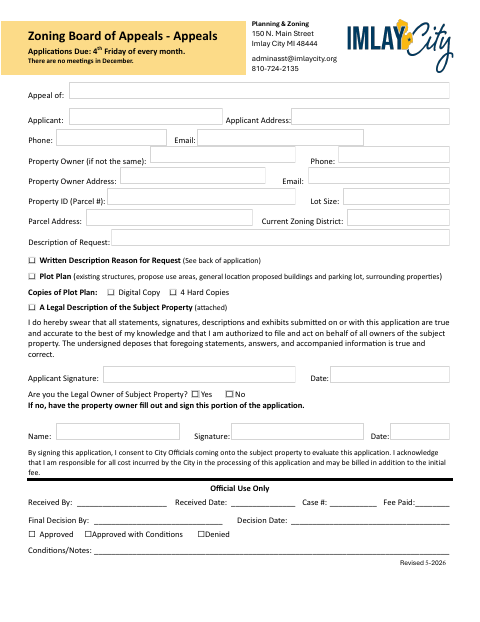 First page of the Zoning Board of Appeals Appeal Application