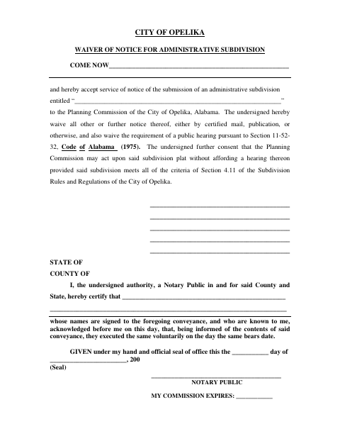First page of the Administrative Subdivision Waiver of Notice