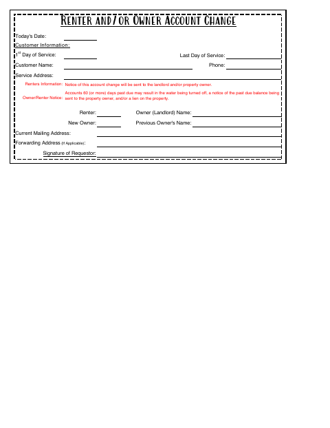 First page of the Renter and Owner Utility Account Change