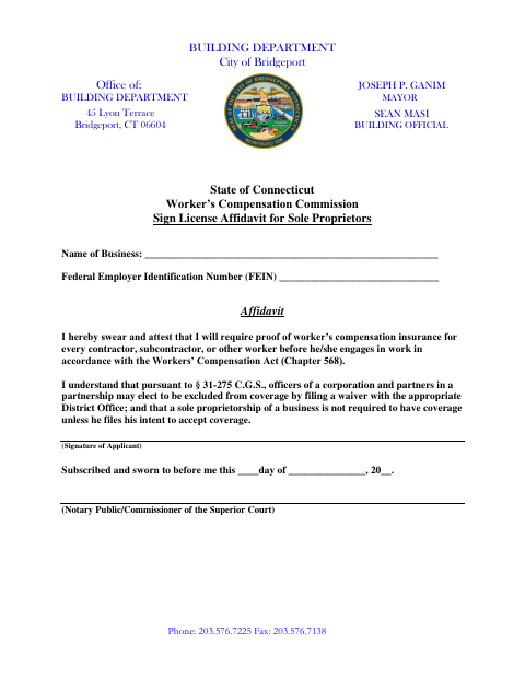 First page of the Sign License Affidavit for Sole Proprietors