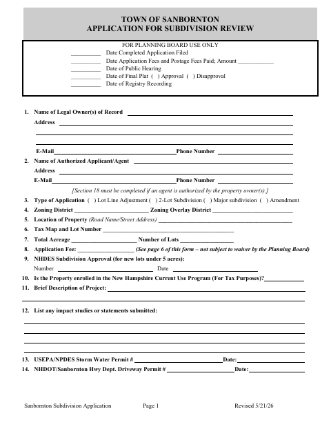 First page of the Subdivision Application