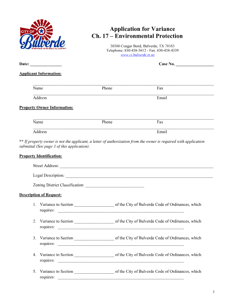 First page of the Environmental Protection Variance Application