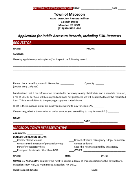 First page of the Application for Public Access to Records, Including FOIL Requests