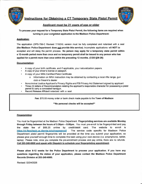 First page of the Temporary State Pistol Permit Application