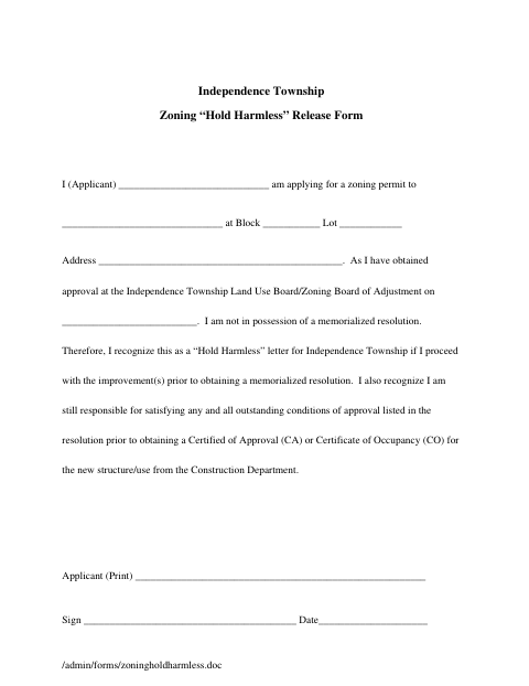 First page of the Zoning Hold Harmless Release Form