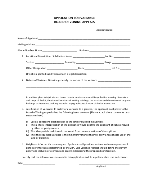 First page of the Application for Variance