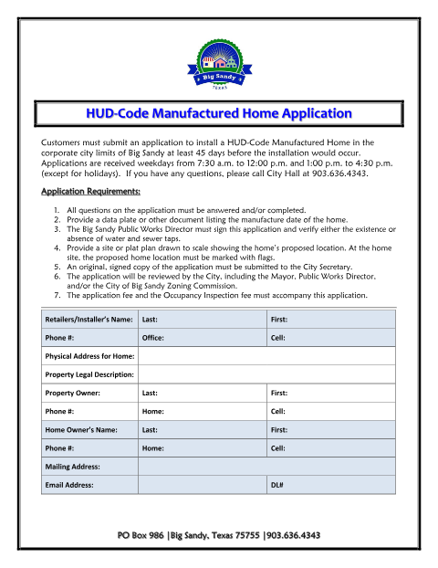 First page of the HUD Code Manufactured Home Application