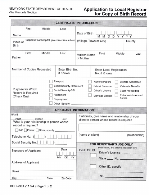 First page of the Application for Copy of Birth Record