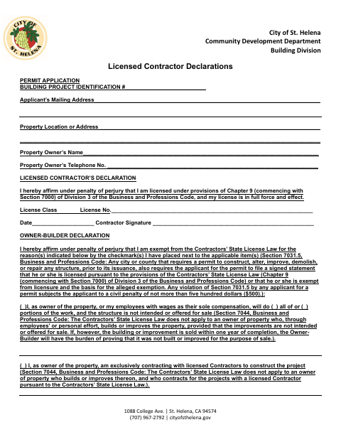 First page of the Licensed Contractor Declarations