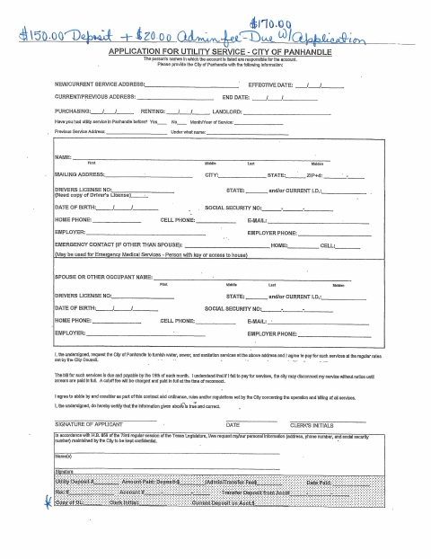 First page of the Application for Utility Service