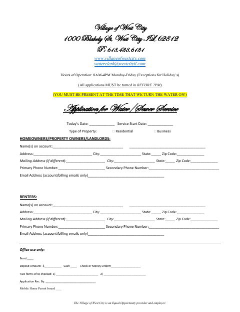 First page of the Application for Water/Sewer Service