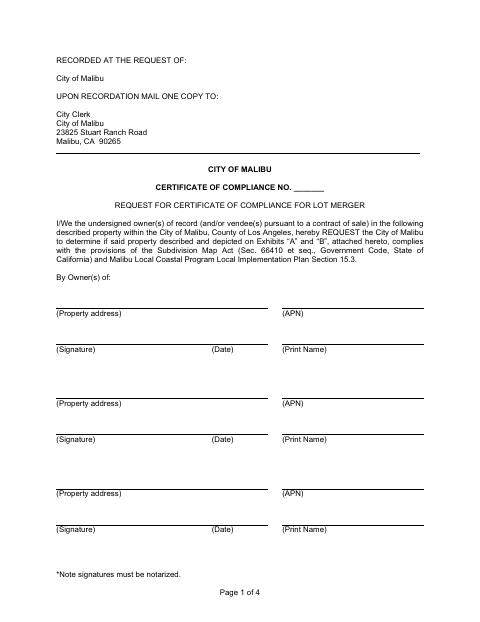 First page of the Request for Certificate of Compliance for Lot Merger