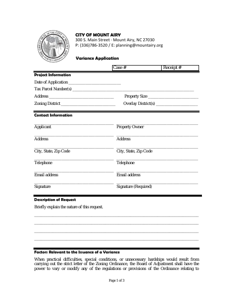 First page of the Variance Application