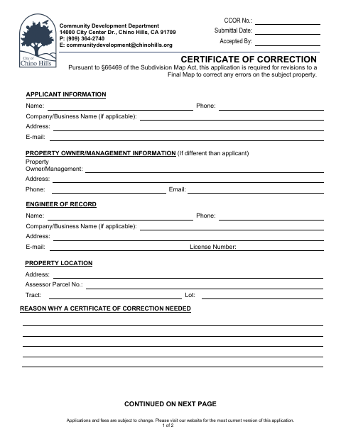 First page of the Certificate of Correction Application