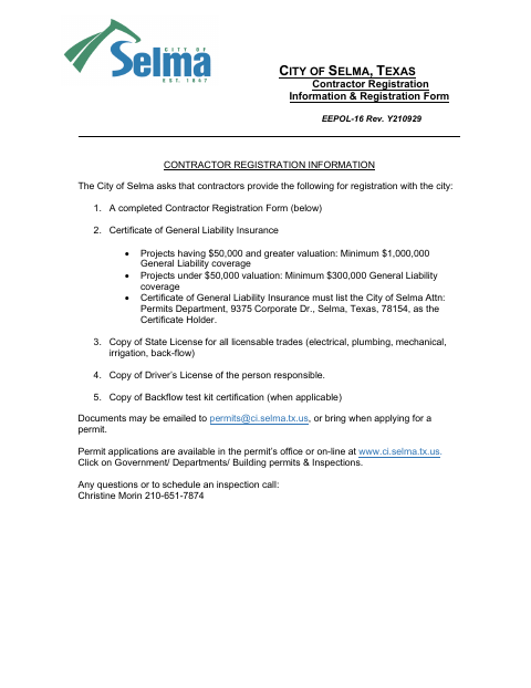 First page of the Contractor Registration Information and Registration Form