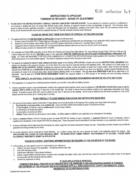 First page of the Application for Properties in Zoning District R-15