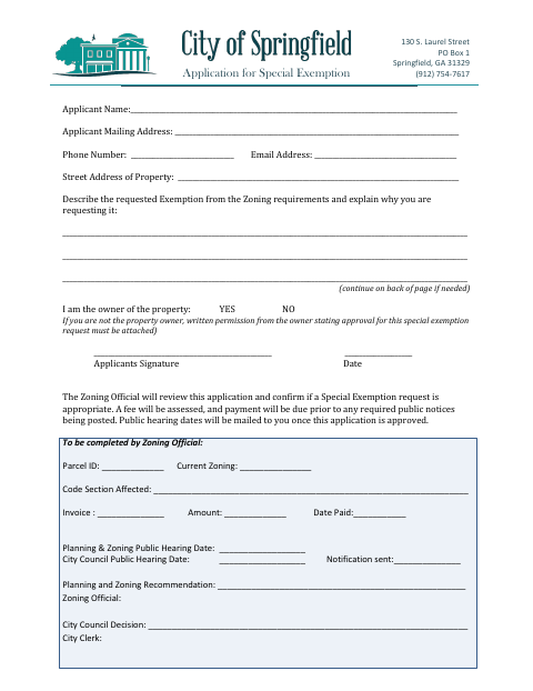 First page of the Application for Special Exemption