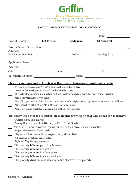 First page of the Plat & Lot Division Approval