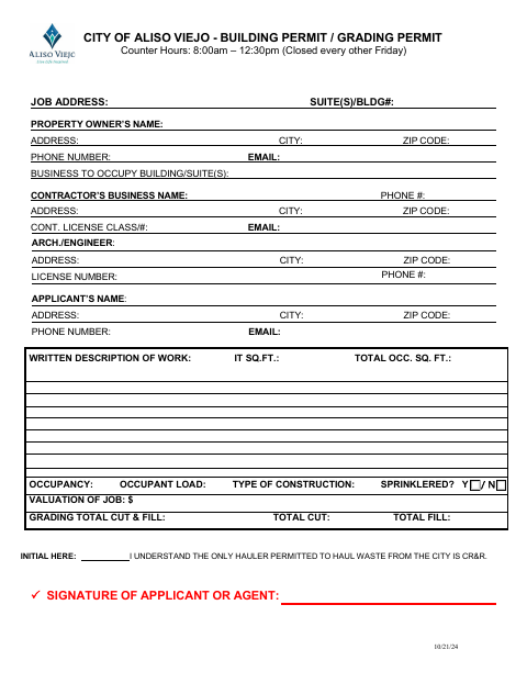 First page of the Building & Grading Permit Application