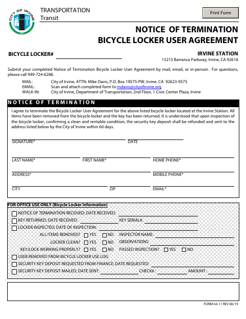 First page of the Notice of Termination Bicycle Locker User Agreement