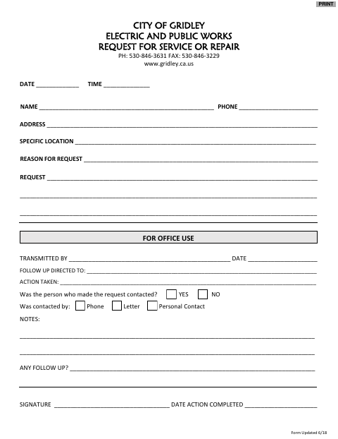 First page of the Request for Service or Repair
