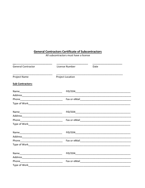 First page of the General Contractors Certificate of Subcontractors