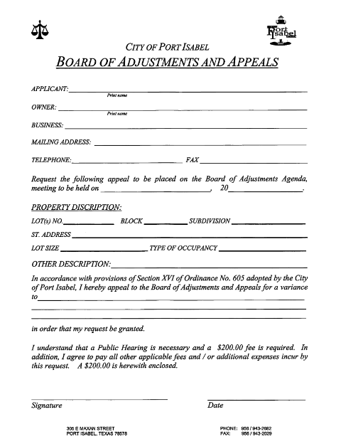 First page of the Board of Adjustments Request