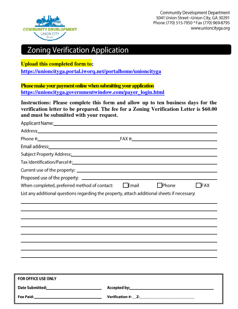 First page of the Zoning Verification Application