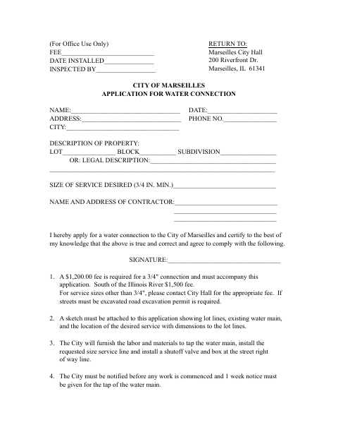 First page of the Application for Water Connection