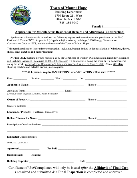 First page of the Application for Miscellaneous Residential Repairs and Alterations