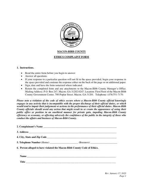 First page of the Ethics Complaint Form