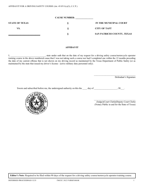 First page of the Affidavit for a Driving Safety Course