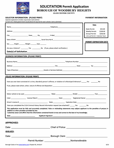 First page of the Solicitation Permit Application