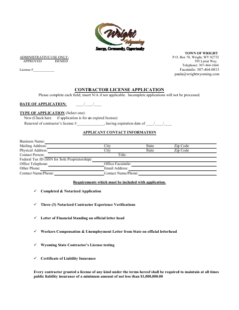 First page of the Contractor License Application