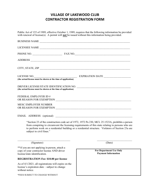First page of the Contractor Registration Form