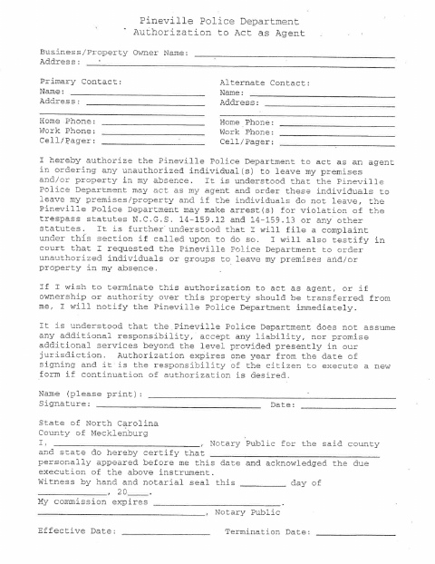 First page of the Police Department Authorization to Act as Agent