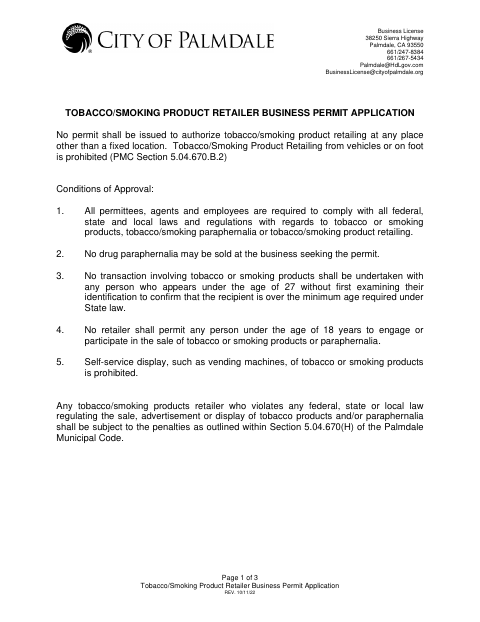 First page of the Tobacco/Smoking Product Retailer Business Permit Application
