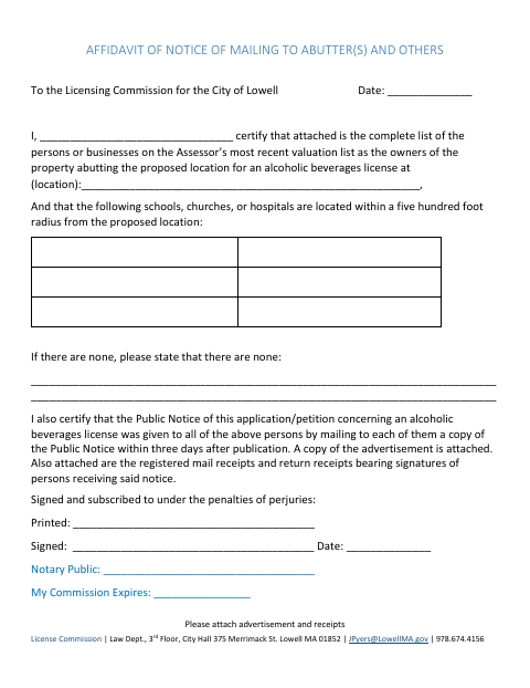 First page of the Affidavit of Notice of Mailing to Abutters and Others
