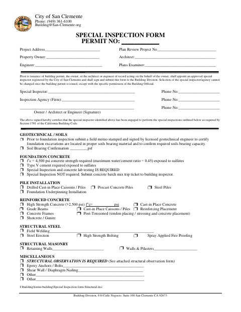 First page of the Special Inspection Form