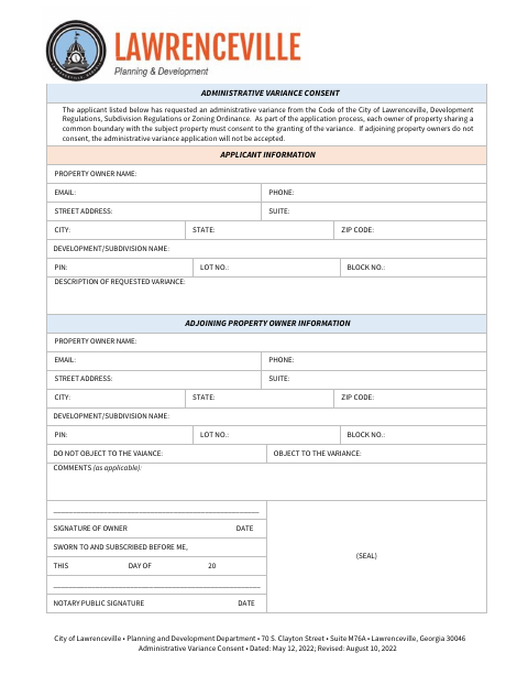 First page of the Administrative Variance Consent