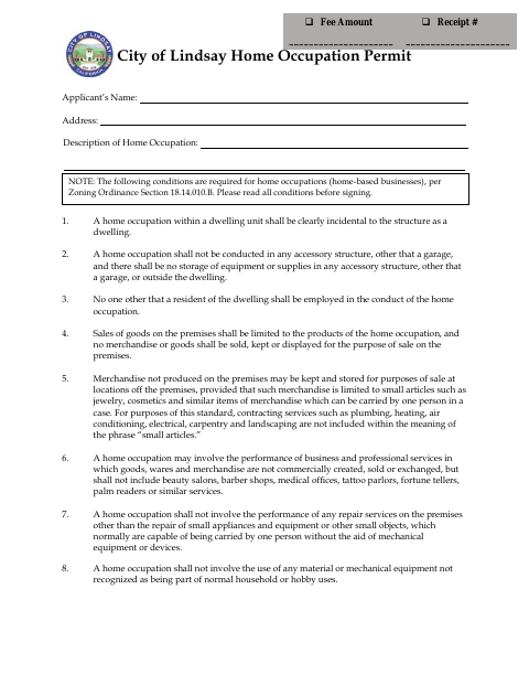 First page of the Home Occupation Permit